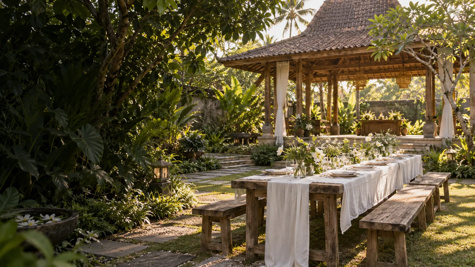 Ilustrasi suasana taman tropis dan saung