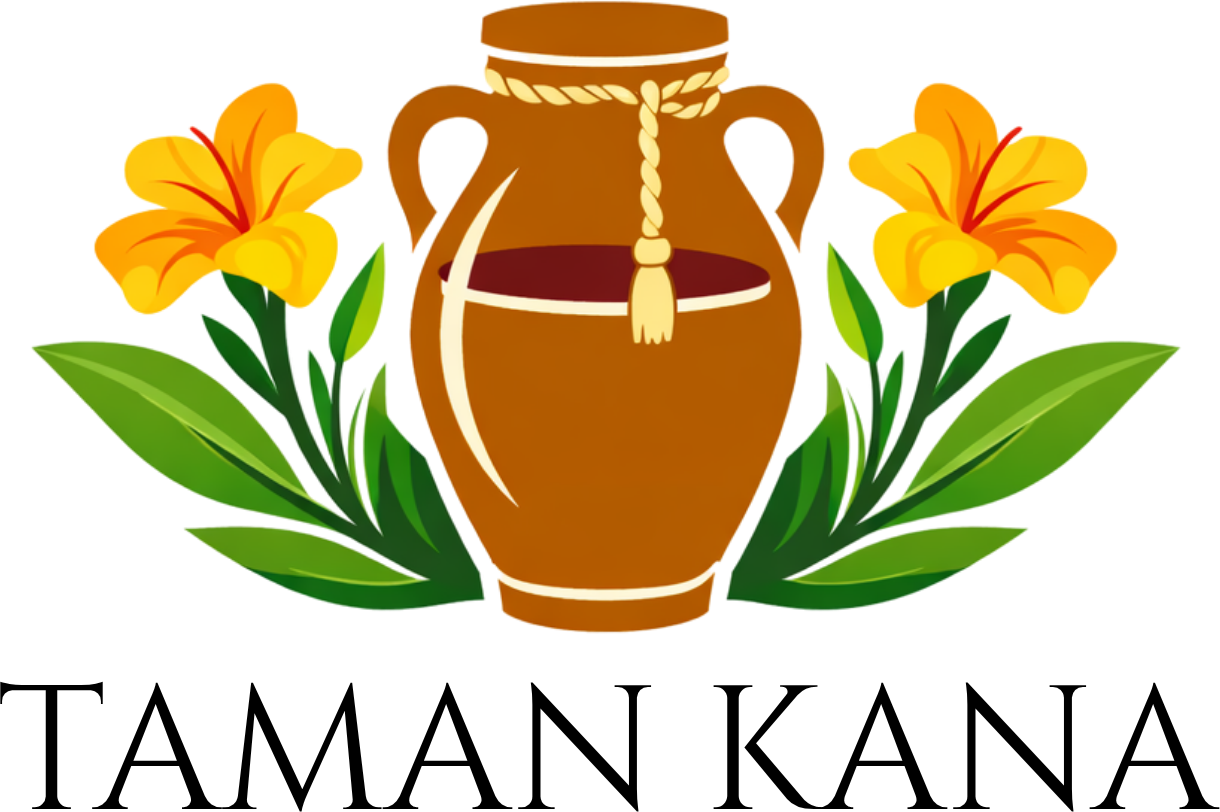 Logo Taman Kana: tempayan dan bunga kuning